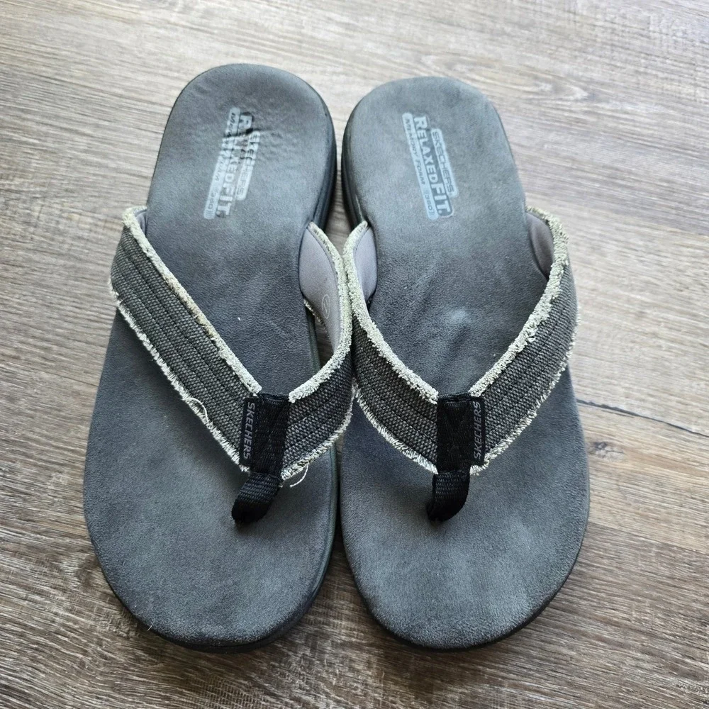 Skechers Relaxed Fit 360 Flip Flop Sandals 11 Gray Canvas Memory Foam Frayed - Picture 3 of 11